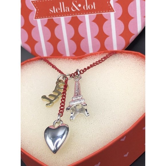 Stella And Dot From‎ Paris With Love Necklace Eiffel Tower Heart OUI - Picture 3 of 3